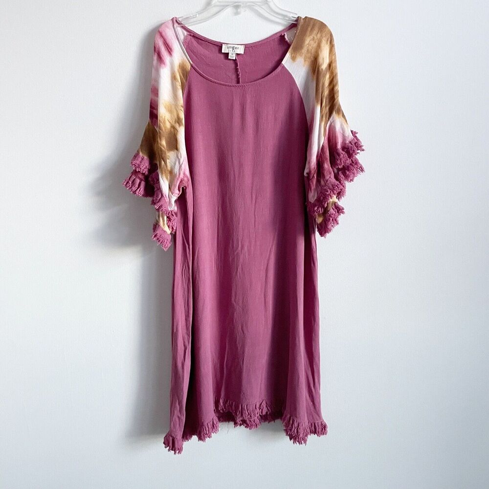 Umgee Size S Mauve Pink Tie Dye Frayed Short Sleeve Linen Blend Tunic Dress - Picture 1 of 6